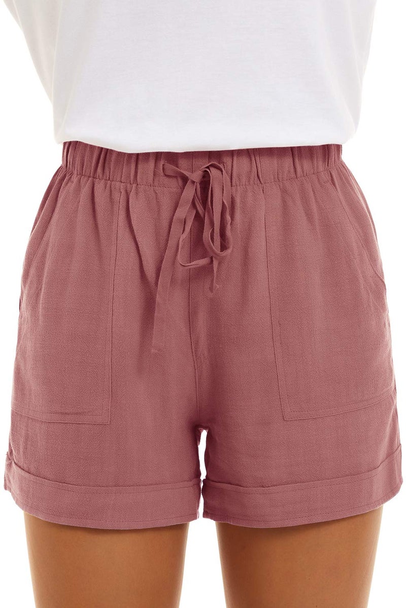 KINGFEN Shorts for Women Casual Summer Womens Cozy Elastic Waist Comfy Drawstring Pull On Linen Beach Shorts with Pockets Casual Drawstring Summer Lounge Cotton Short Dark Pink Large - Image 2
